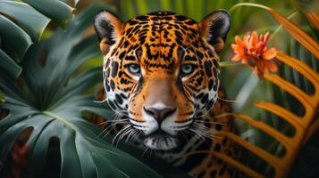 ai generado un hermosa jaguar mira Derecho dentro el cámara foto