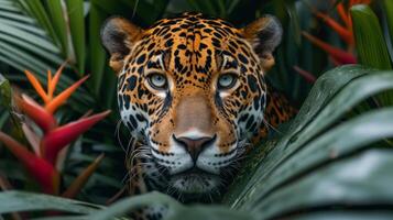 AI generated A beautiful jaguar looks straight into the camera photo