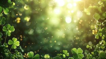 AI generated Blurred magical background with green clover leaves and gold coins and large space for text photo