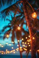 AI generated Blurred beach party background. Garlands of light bulbs are strung between palm trees photo