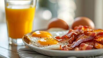 AI generated Fried eggs and bacon on a beautiful white plate photo