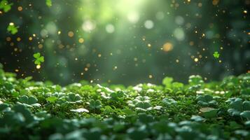 AI generated Blurred magical background with green clover leaves and gold coins and large space for text photo