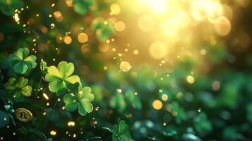 AI generated Blurred magical background with green clover leaves and gold coins and large space for text photo