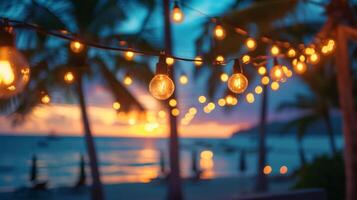AI generated Blurred beach party background. Garlands of light bulbs are strung between palm trees photo