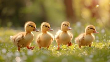 AI generated Little yellow ducklings run along the green bright grass photo