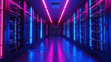 AI generated Large server room. Black and blue neon colors photo