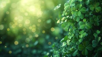 AI generated Blurred magical background with green clover leaves and gold coins and large space for text photo