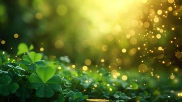 AI generated Blurred magical background with green clover leaves and gold coins and large space for text photo