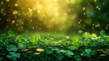AI generated Blurred magical background with green clover leaves and gold coins and large space for text photo