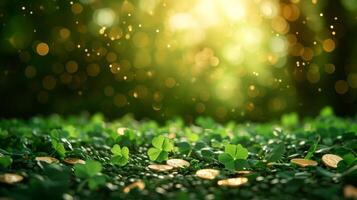 AI generated Blurred magical background with green clover leaves and gold coins and large space for text photo