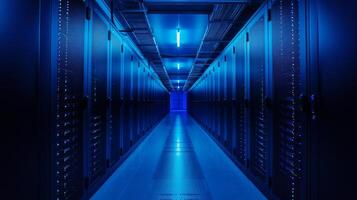 AI generated Large server room. Black and blue neon colors photo