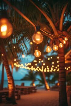 ai generado borroso playa fiesta antecedentes. guirnaldas de ligero bombillas son ensartado Entre palma arboles foto