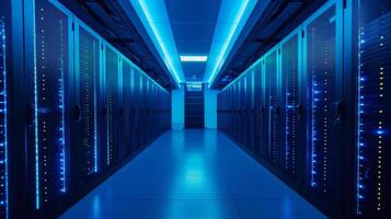 AI generated Large server room. Black and blue neon colors photo
