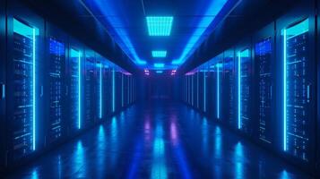 AI generated Large server room. Black and blue neon colors photo