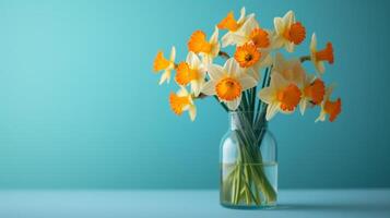 AI generated Bouquet of Daffodils in a glass vase on a minimalistic bright background photo