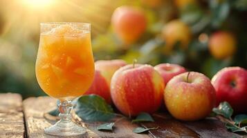 AI generated A glass with apple compote stands on a wooden table next to it, apples lie in the background photo