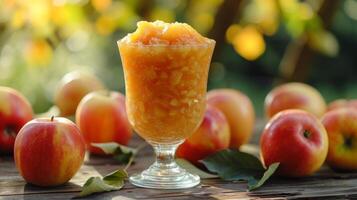 ai generado un vaso con manzana compota soportes en un de madera mesa siguiente a él, manzanas mentira en el antecedentes foto