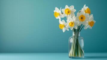 AI generated Bouquet of Daffodils in a glass vase on a minimalistic bright background photo