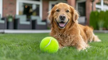 AI generated A golden retriever dog plays with a green tennis ball on the lawn near a standard American house photo
