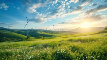 ai generado hermosa natural antecedentes con molinos de viento en un verde prado foto