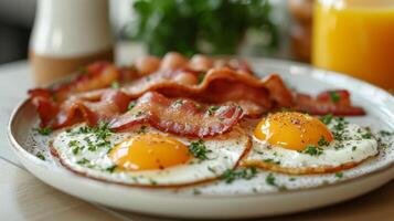 ai generado frito huevos y tocino en un hermosa blanco plato foto