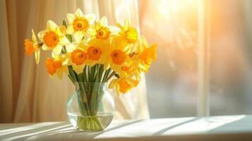 AI generated Bouquet of Daffodils in a glass vase on a minimalistic bright background photo