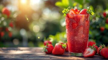 AI generated A glass with strawberry compote stands on a wooden table next to it photo