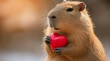 AI generated Capybara holds a big red heart in her paws on a minimalistic bright background photo