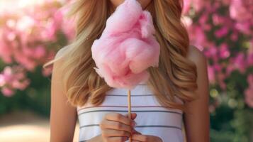 AI generated A girl holds a large pink cotton candy in her hands photo