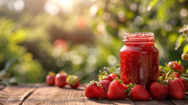 AI generated jar with raspberry jam stands on a wooden table next to it photo