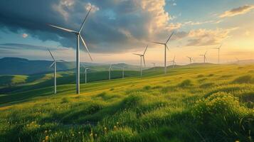 ai generado hermosa natural antecedentes con molinos de viento en un verde prado foto