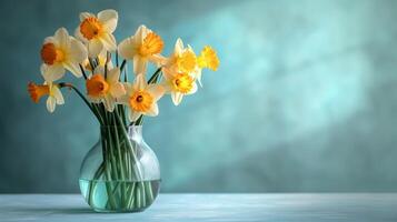 AI generated Bouquet of Daffodils in a glass vase on a minimalistic bright background photo