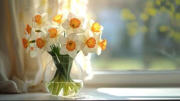 AI generated Bouquet of Daffodils in a glass vase on a minimalistic bright background photo