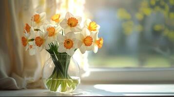 AI generated Bouquet of Daffodils in a glass vase on a minimalistic bright background photo