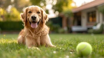 ai generado un dorado perdiguero perro obras de teatro con un verde tenis pelota en el césped cerca un estándar americano casa foto