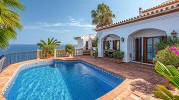 ai generado hermosa Español villa con piscina y puntos de vista de el Mediterráneo mar foto