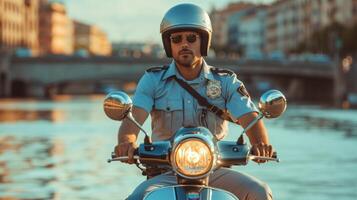 ai generado un joven hermoso hombre en un policía uniforme paseos un ciclomotor a lo largo el terraplén foto