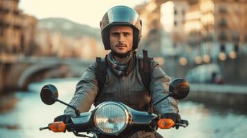 ai generado un joven hermoso hombre en un policía uniforme paseos un ciclomotor a lo largo el terraplén foto