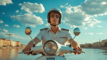 AI generated A young handsome man in a police uniform rides a moped along the embankment photo