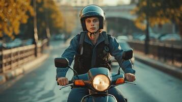 ai generado un joven hermoso hombre en un policía uniforme paseos un ciclomotor a lo largo el terraplén foto