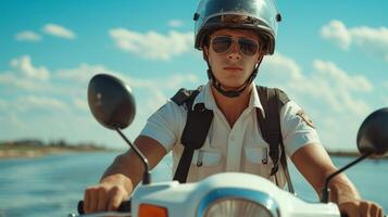 AI generated A young handsome man in a police uniform rides a moped along the embankment photo