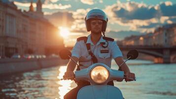 AI generated A young handsome man in a police uniform rides a moped along the embankment photo