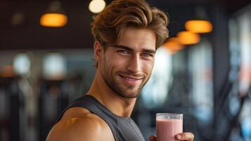 AI generated A handsome, athletic-looking man is holding a glass of smoothie in his hand photo