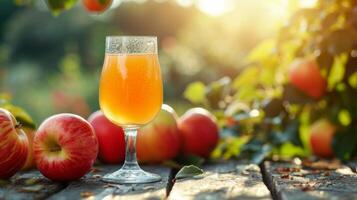 ai generado un vaso con manzana compota soportes en un de madera mesa siguiente a él, manzanas mentira en el antecedentes foto