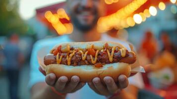 AI generated A smiling man holds a large tasty hot dog in his hand photo