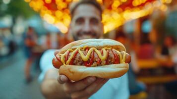 ai generado un sonriente hombre sostiene un grande sabroso caliente perro en su mano foto