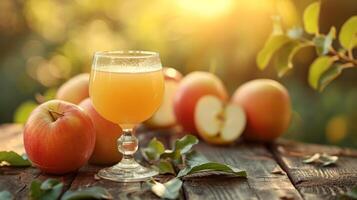 ai generado un vaso con manzana compota soportes en un de madera mesa siguiente a él, manzanas mentira en el antecedentes foto