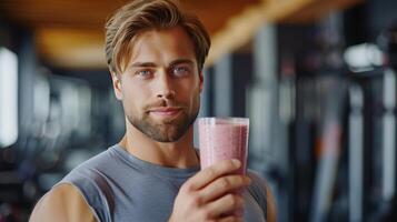 AI generated A handsome, athletic-looking man is holding a glass of smoothie in his hand photo