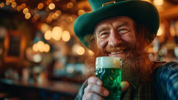 ai generado un duende en un grande verde sombrero bebidas verde cerveza y sonrisas mientras mirando a el cámara foto