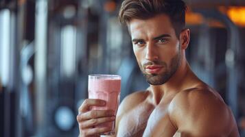 AI generated A handsome, athletic-looking man is holding a glass of smoothie in his hand photo